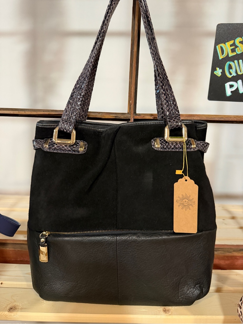 B. Makowsky Black Genuine Leather and Suede Tote Shoulder Bag
